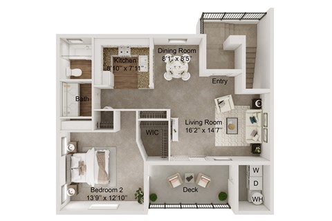 Floor plan for 1 bed, 1 bath, 744 sqft